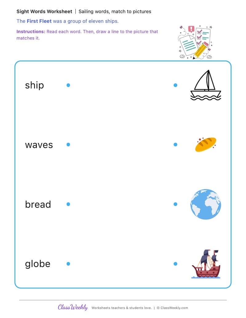 Sailing words, match to pictures - First Fleet - Kindergarten worksheet preview
