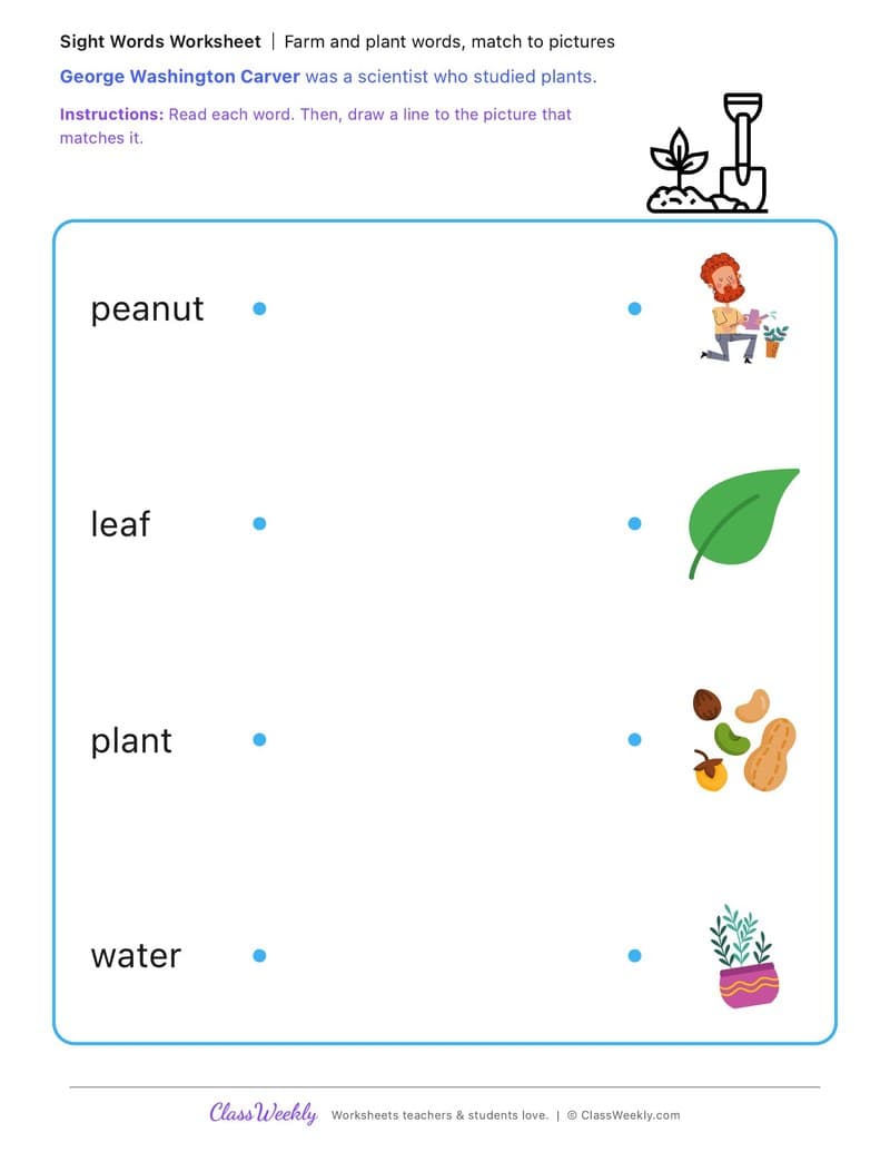 Farm and plant words, match to pictures - George Washington Carver - Kindergarten worksheet preview