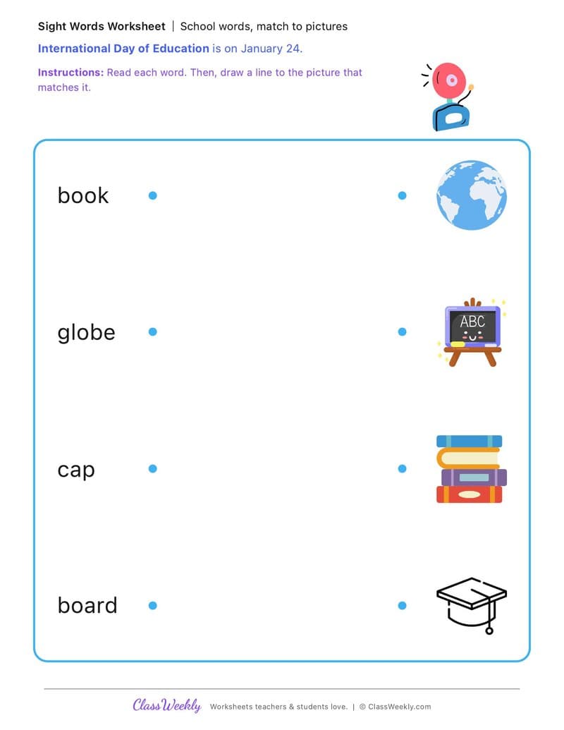 School words, match to pictures - International Day of Education - Kindergarten worksheet preview