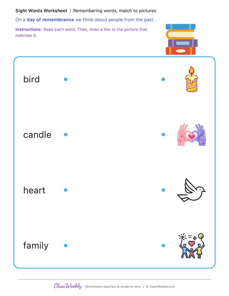 Remembering words, match to pictures - International Holocaust Remembrance Day - Kindergarten worksheet preview