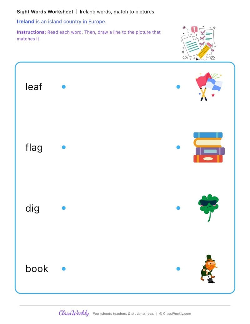 Ireland words, match to pictures - Irish Revolution and War of Independence - Kindergarten worksheet preview