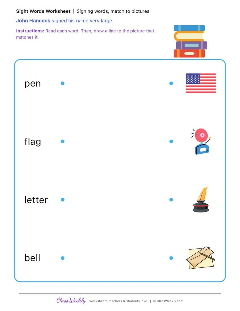 Signing words, match to pictures - John Hancock - Kindergarten worksheet preview