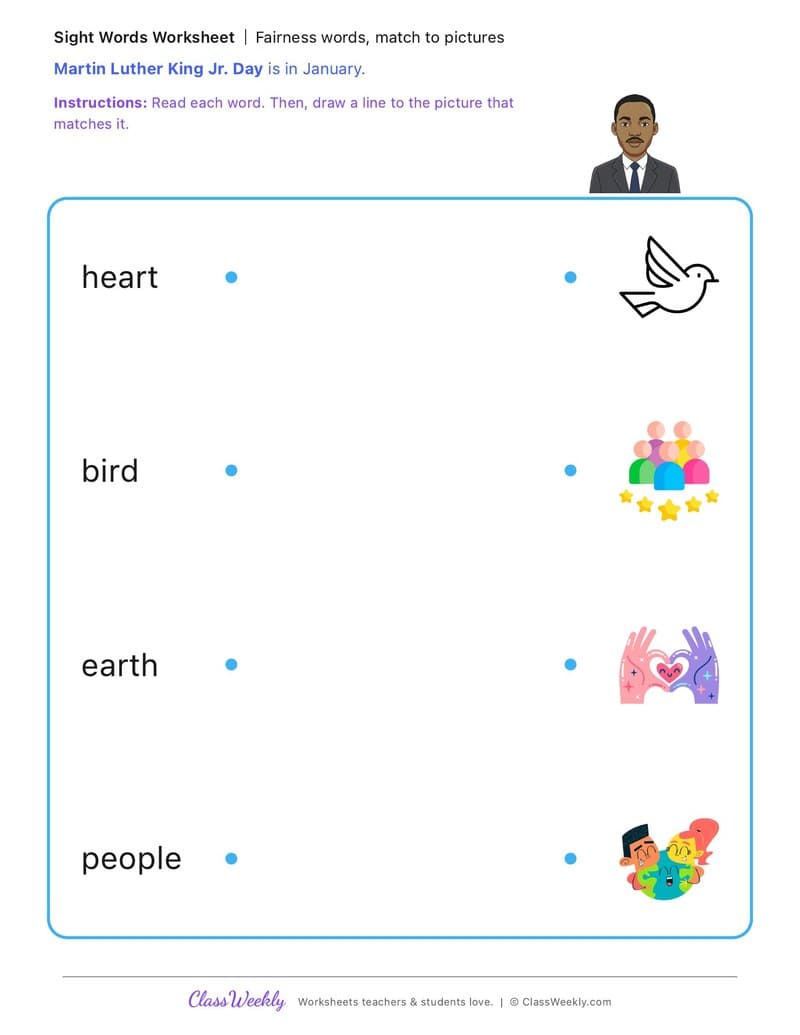 Fairness words, match to pictures - MLK Day / Black History Month - Kindergarten worksheet preview