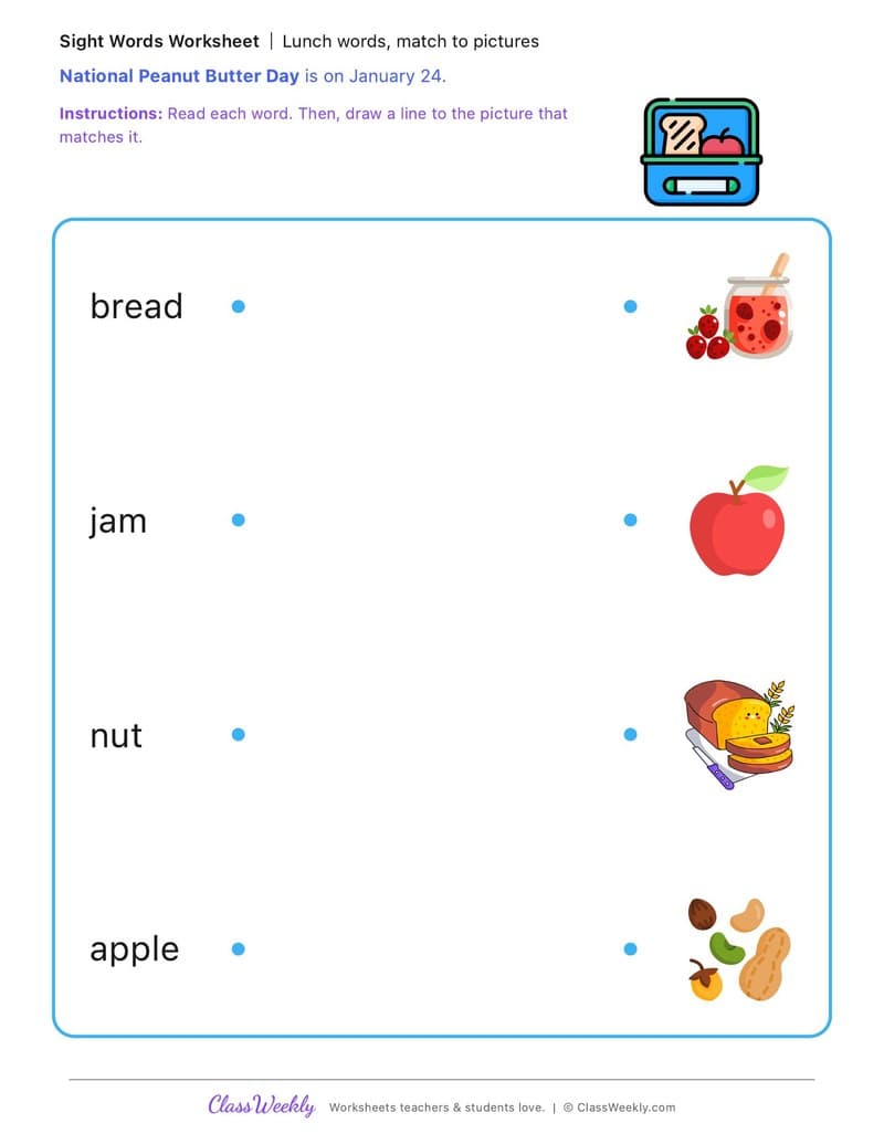 Lunch words, match to pictures - National Peanut Butter Day - Kindergarten worksheet preview