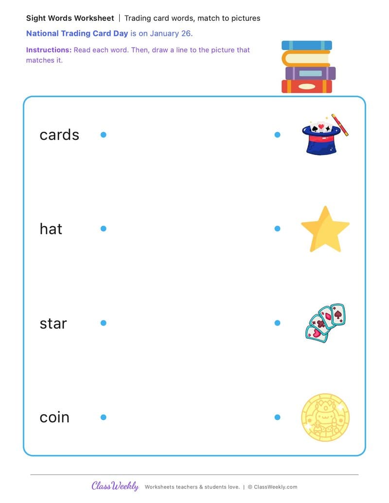 Trading card words, match to pictures - National Trading Card Day - Kindergarten worksheet preview