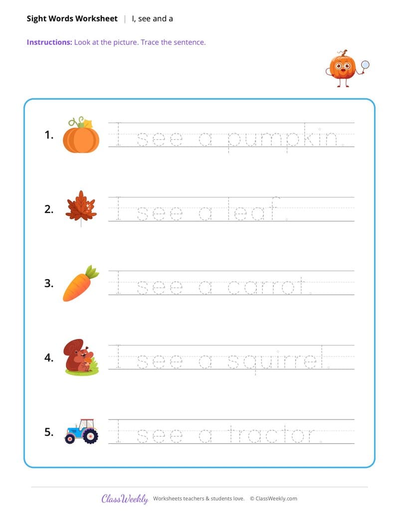 Thanksgiving Sight Words: I, See, A - Kindergarten worksheet preview