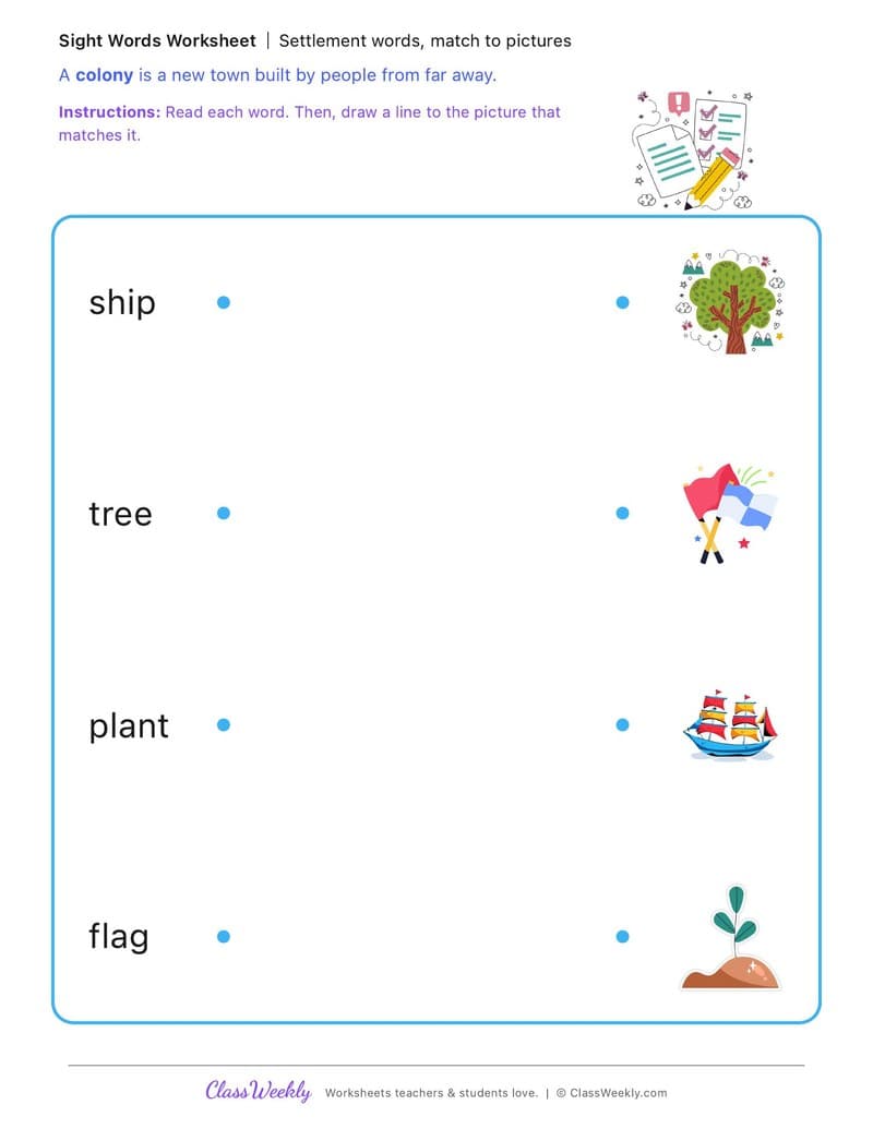 Settlement words, match to pictures - The First British Colony in Australia - Kindergarten worksheet preview