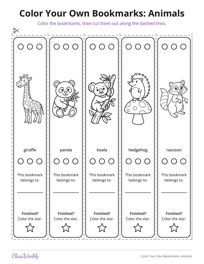 Color Your Own Bookmarks: Animals - Kindergarten Bookmarks printable preview