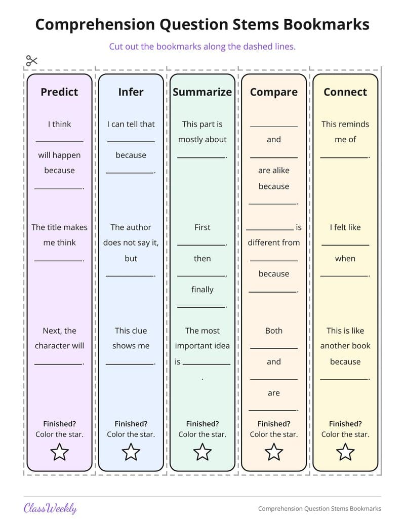 Comprehension Question Stems Bookmarks - Kindergarten Bookmarks printable preview
