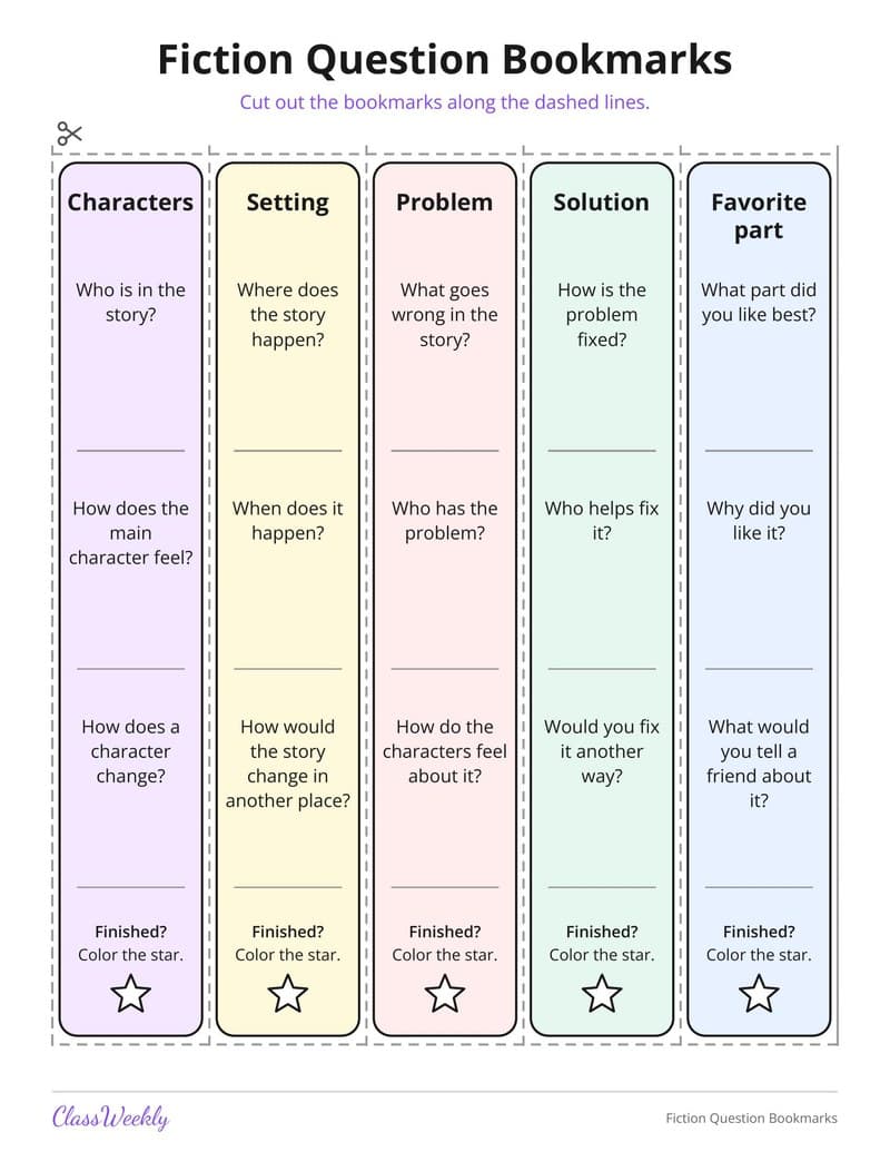Fiction Question Bookmarks - Kindergarten Bookmarks printable preview