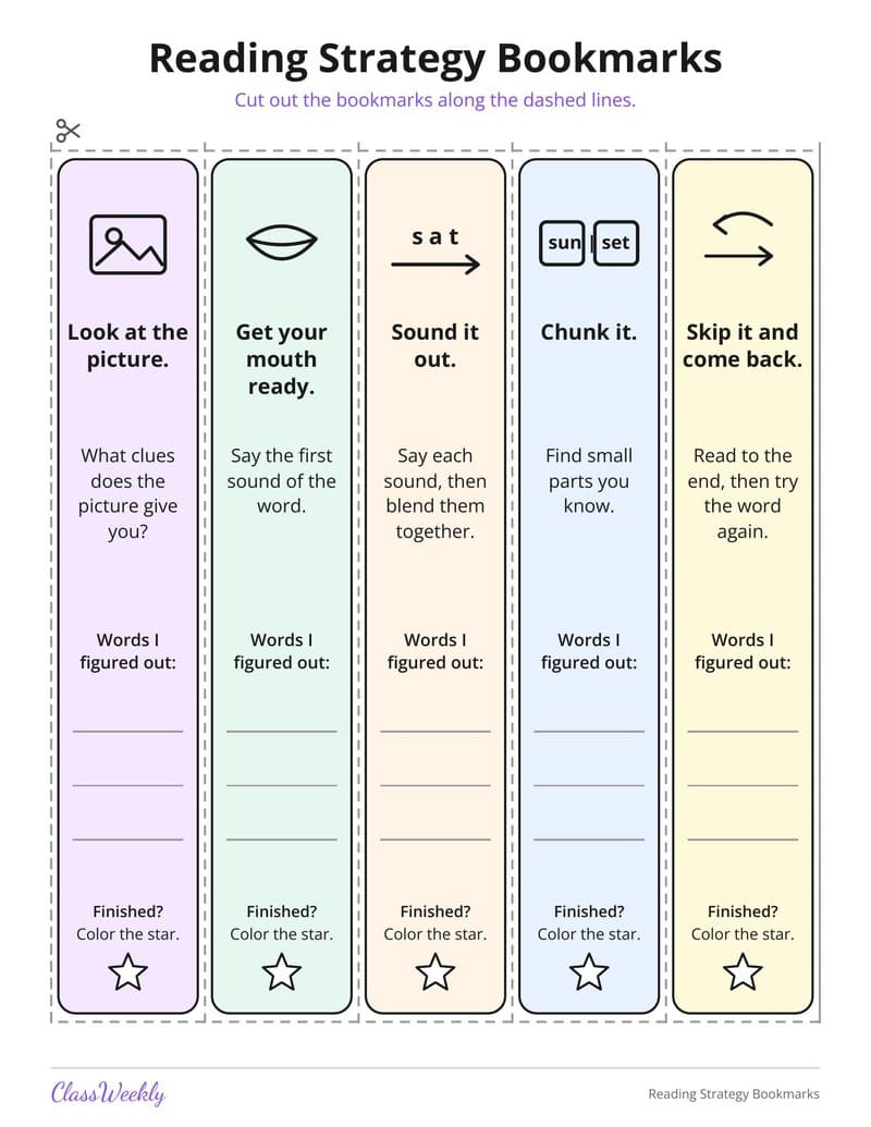 Reading Strategy Bookmarks - Kindergarten Bookmarks printable preview