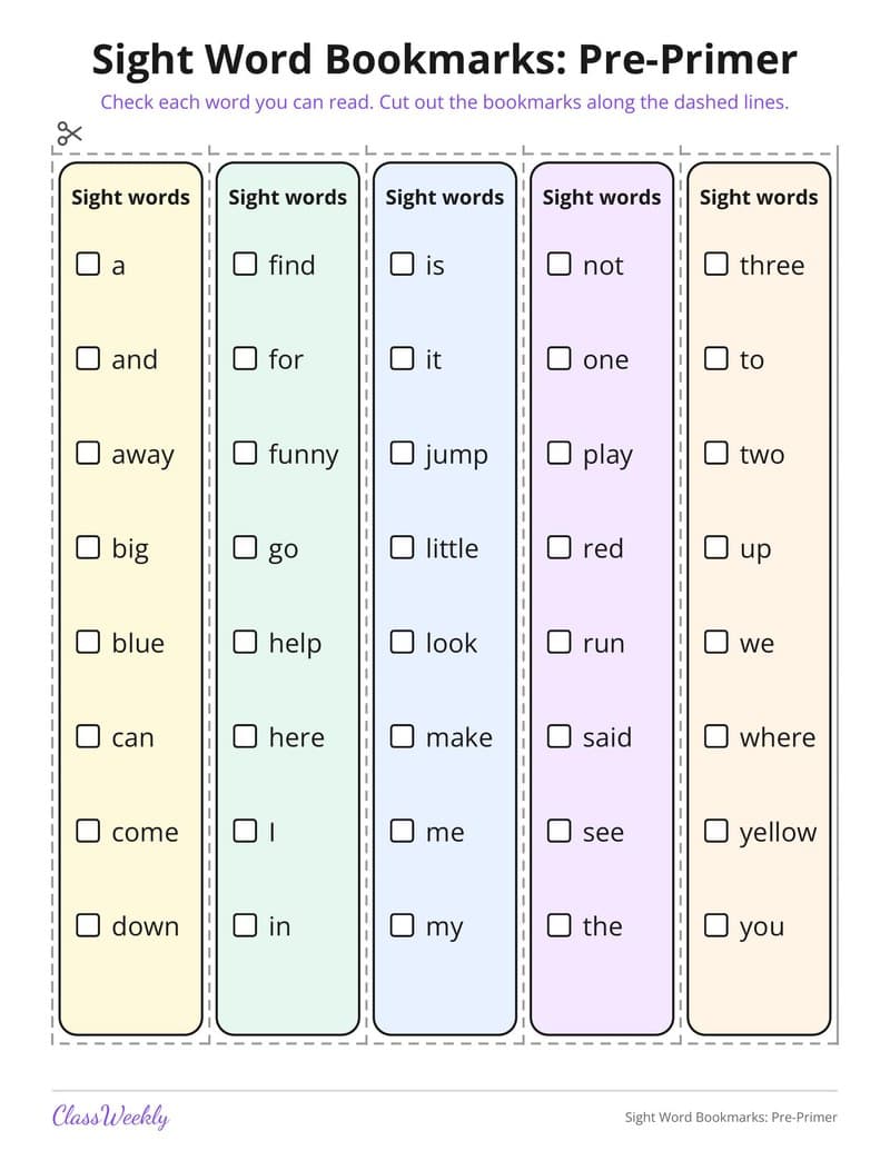 Sight Word Bookmarks: Pre-Primer - Kindergarten Bookmarks printable preview