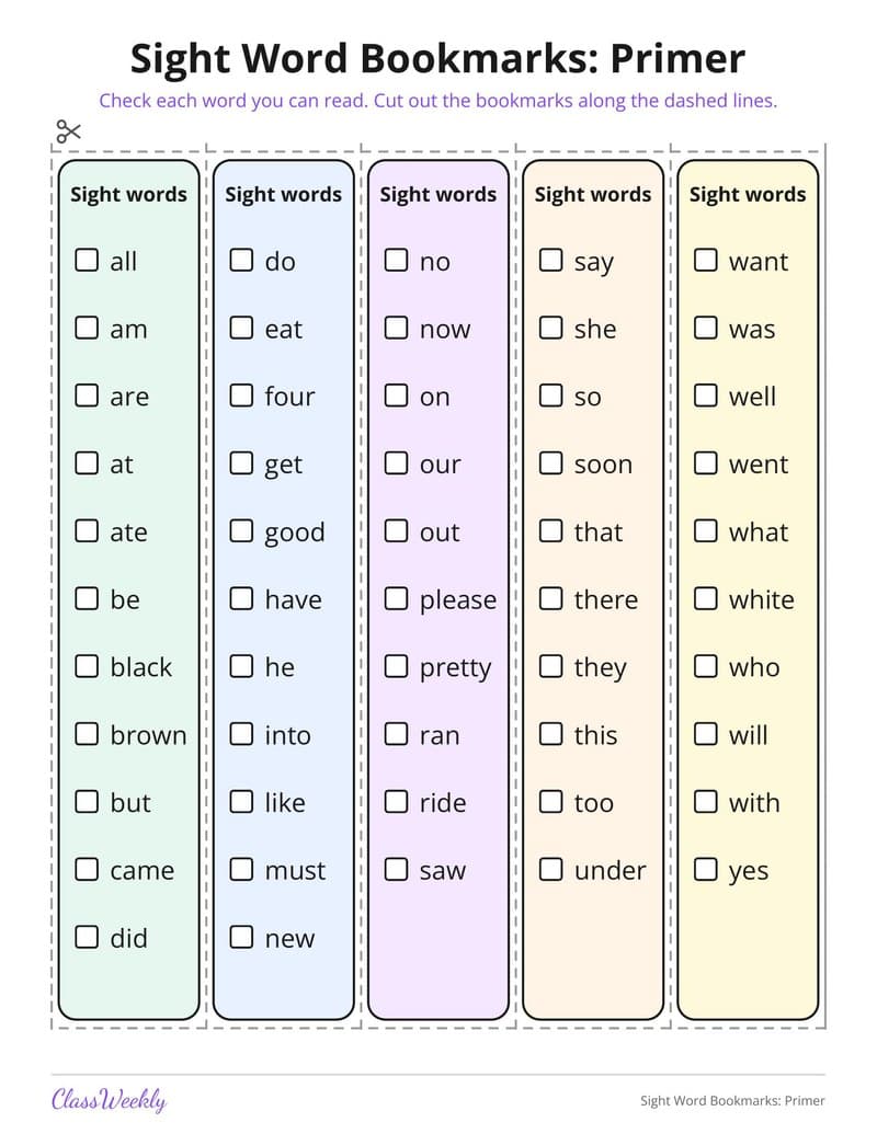 Sight Word Bookmarks: Primer - Kindergarten Bookmarks printable preview