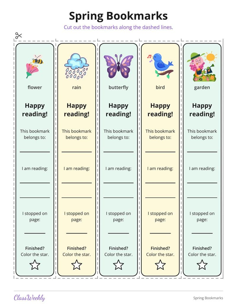 Spring Bookmarks - Kindergarten Bookmarks printable preview