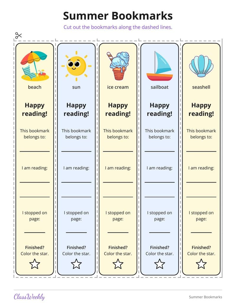 Summer Bookmarks - Kindergarten Bookmarks printable preview