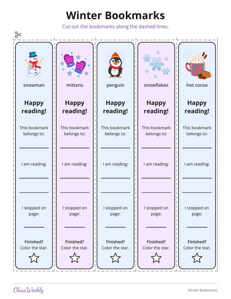 Winter Bookmarks - Kindergarten Bookmarks printable preview
