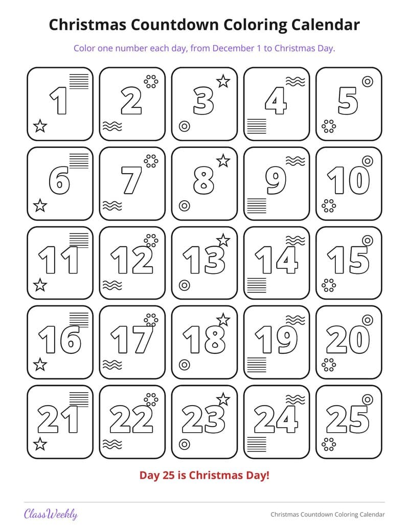 Christmas Countdown Coloring Calendar - 3rd Grade Calendars printable preview