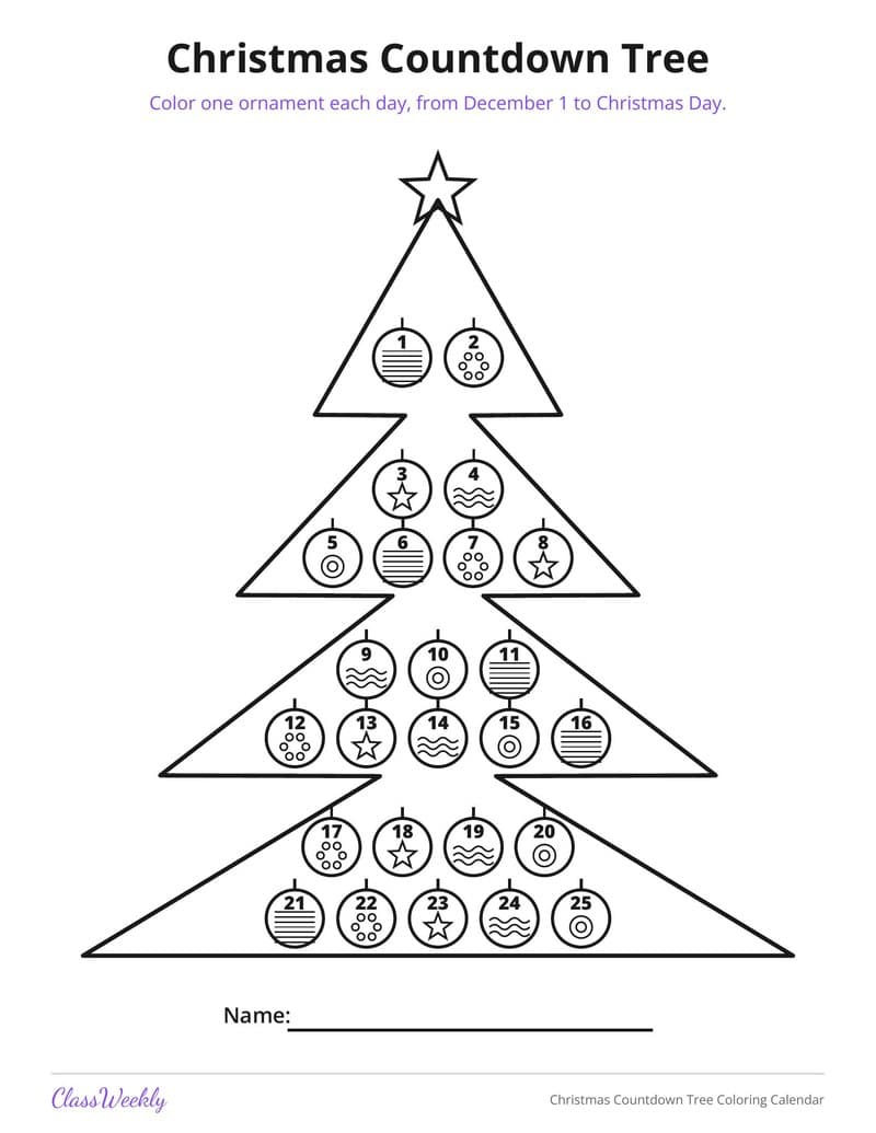 Christmas Countdown Tree Coloring Calendar - 3rd Grade Calendars printable preview