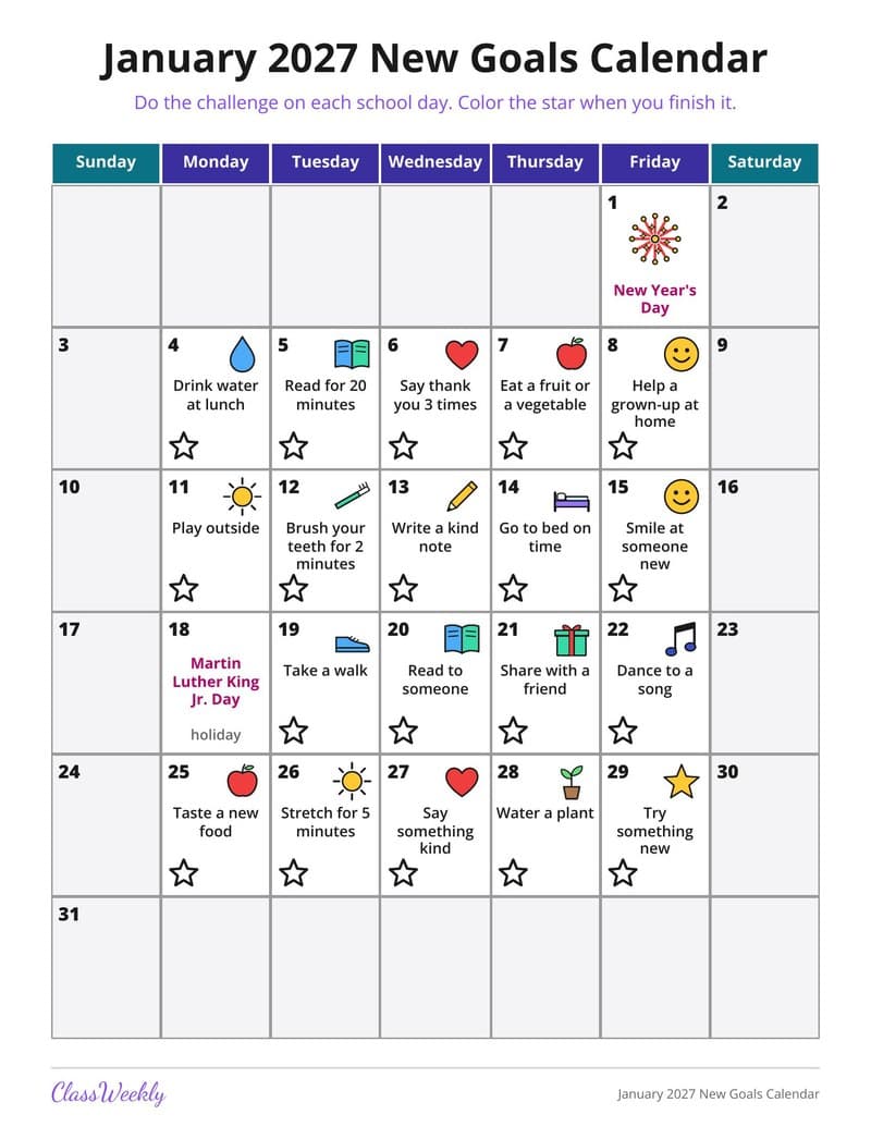 January 2027 New Goals Calendar - 3rd Grade Calendars printable preview