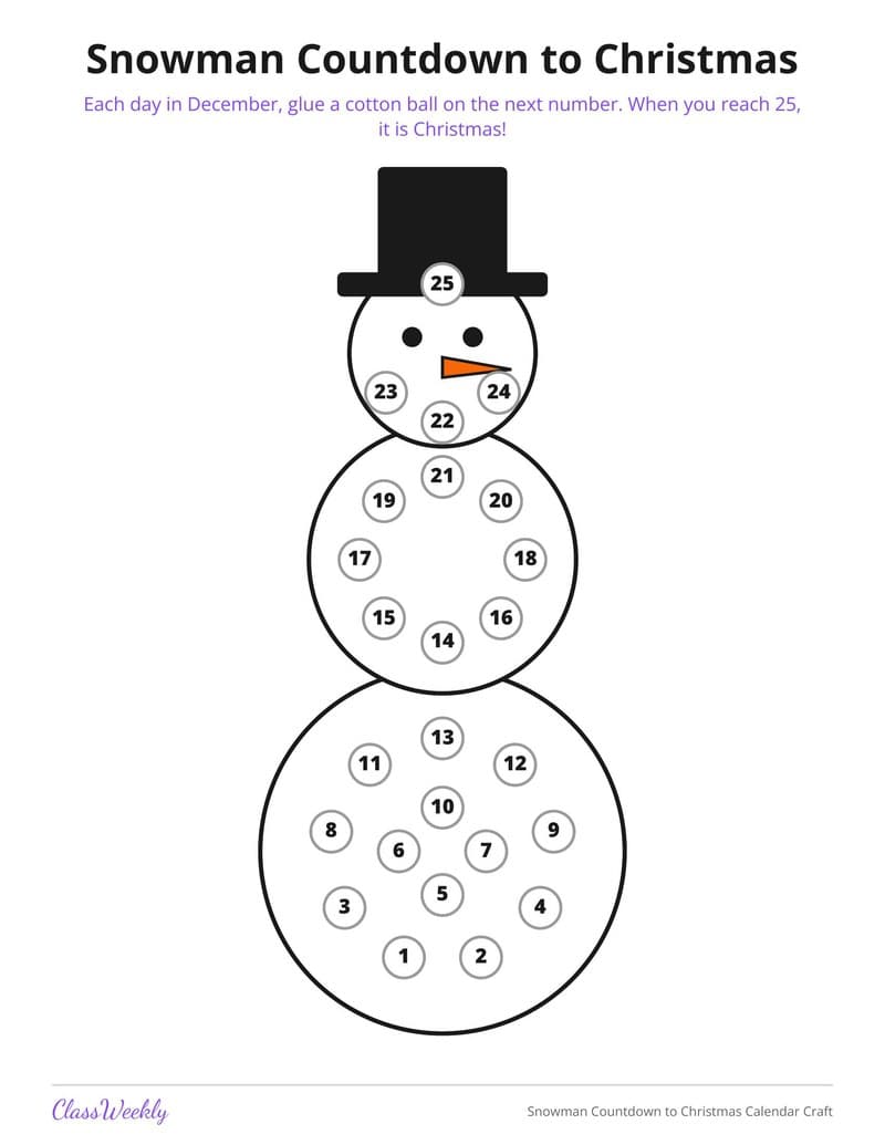Snowman Countdown to Christmas Calendar Craft - Kindergarten Calendars printable preview