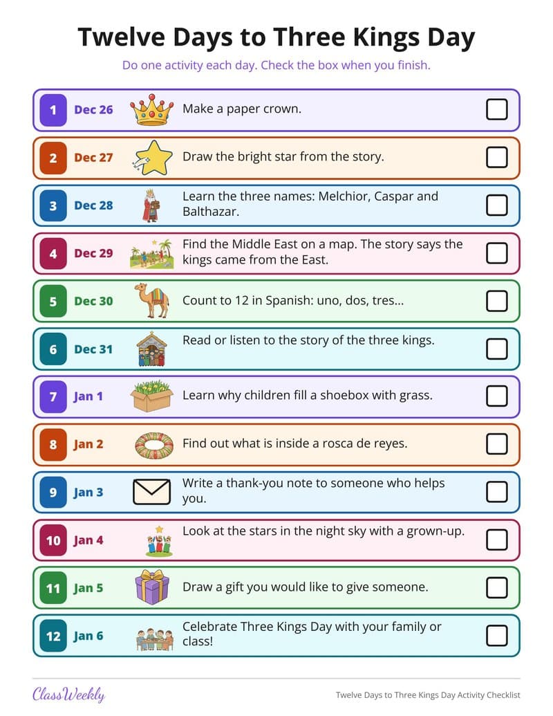 Twelve Days to Three Kings Day Activity Checklist - 3rd Grade Calendars printable preview