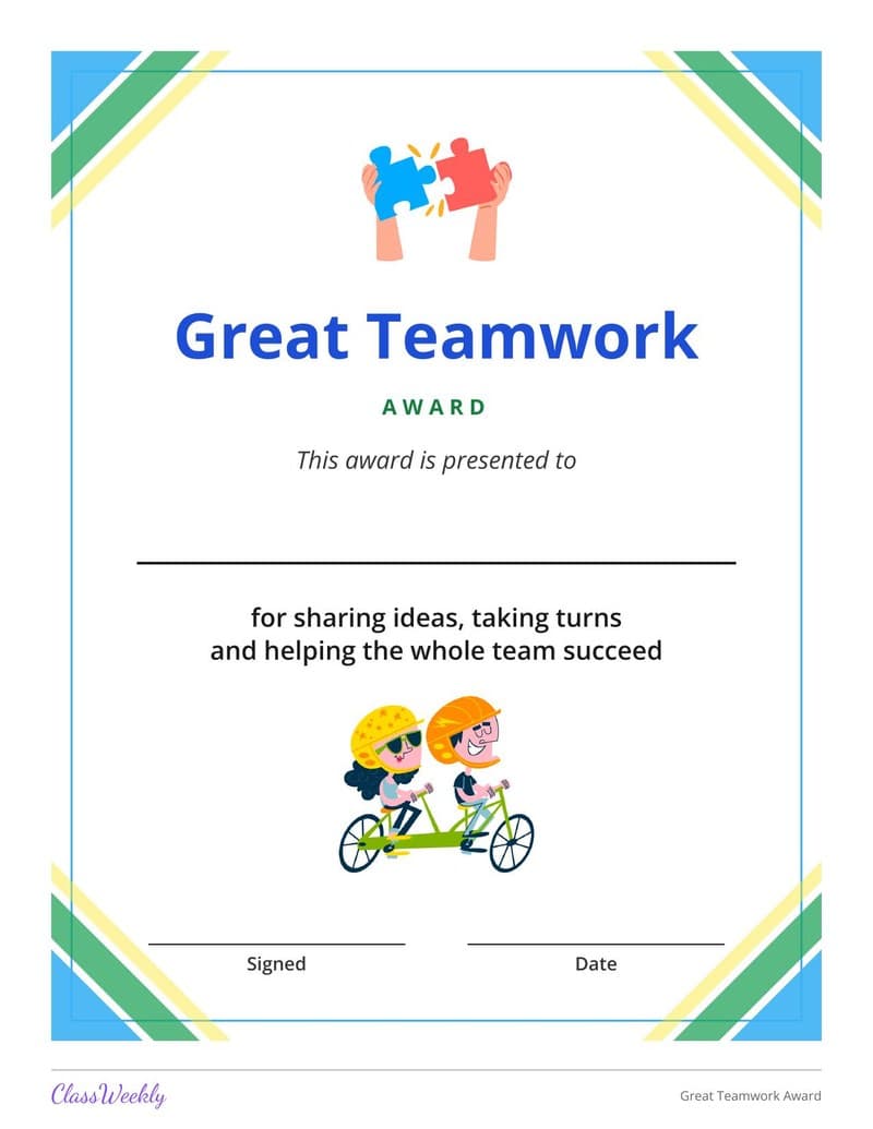 Great Teamwork Award - Kindergarten Certificates and Awards worksheet preview