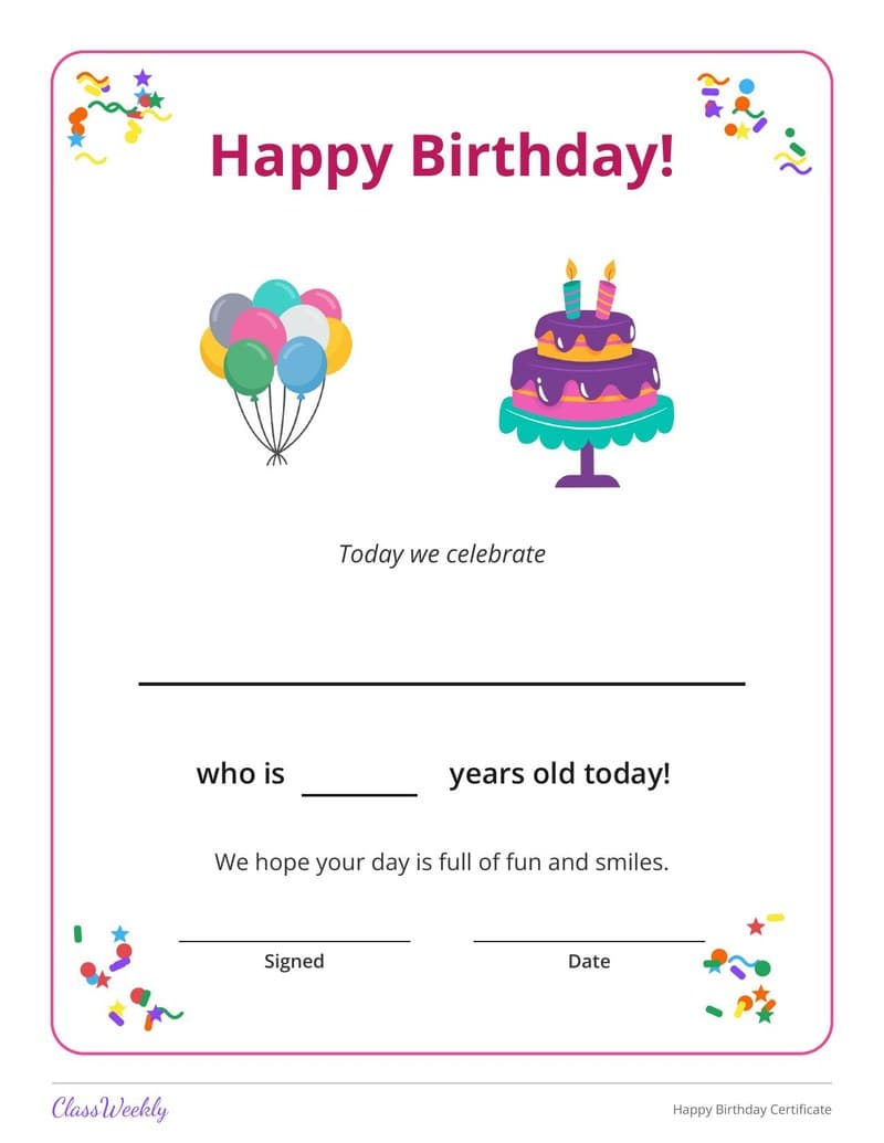 Happy Birthday Certificate - Kindergarten Certificates and Awards worksheet preview