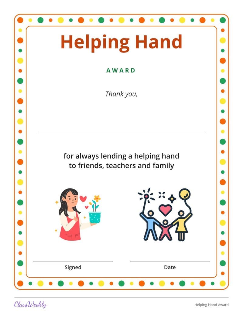 Helping Hand Award - Kindergarten Certificates and Awards worksheet preview