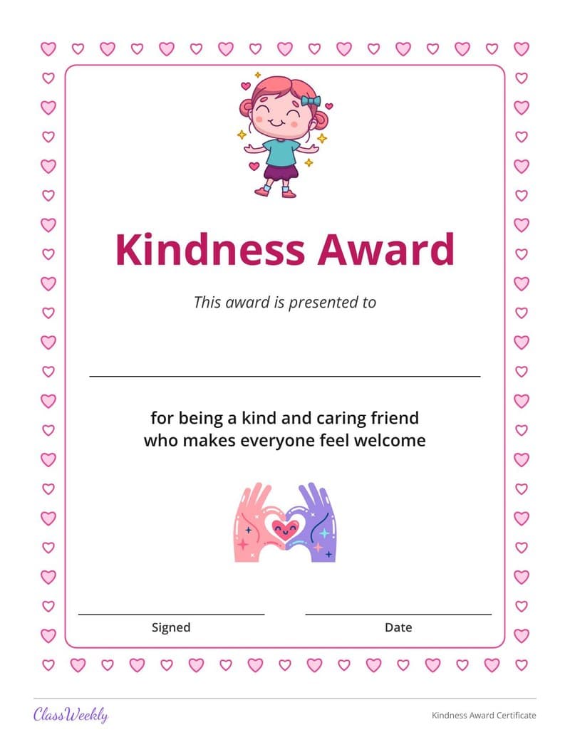 Kindness Award Certificate - Kindergarten Certificates and Awards printable preview