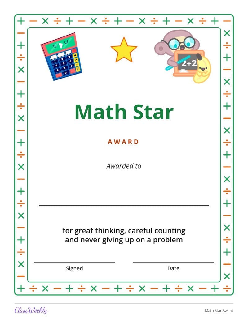 Math Star Award - 2nd Grade Certificates and Awards printable preview