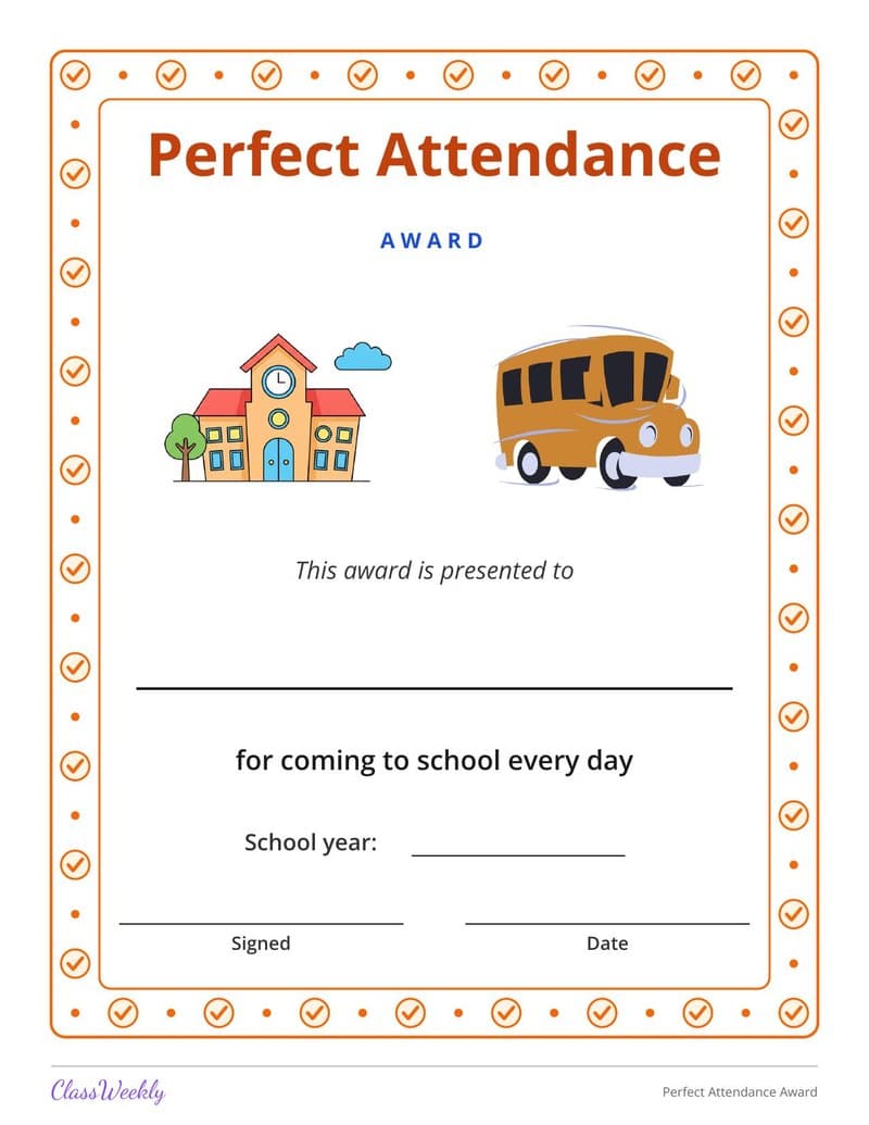 Perfect Attendance Award - Kindergarten Certificates and Awards worksheet preview