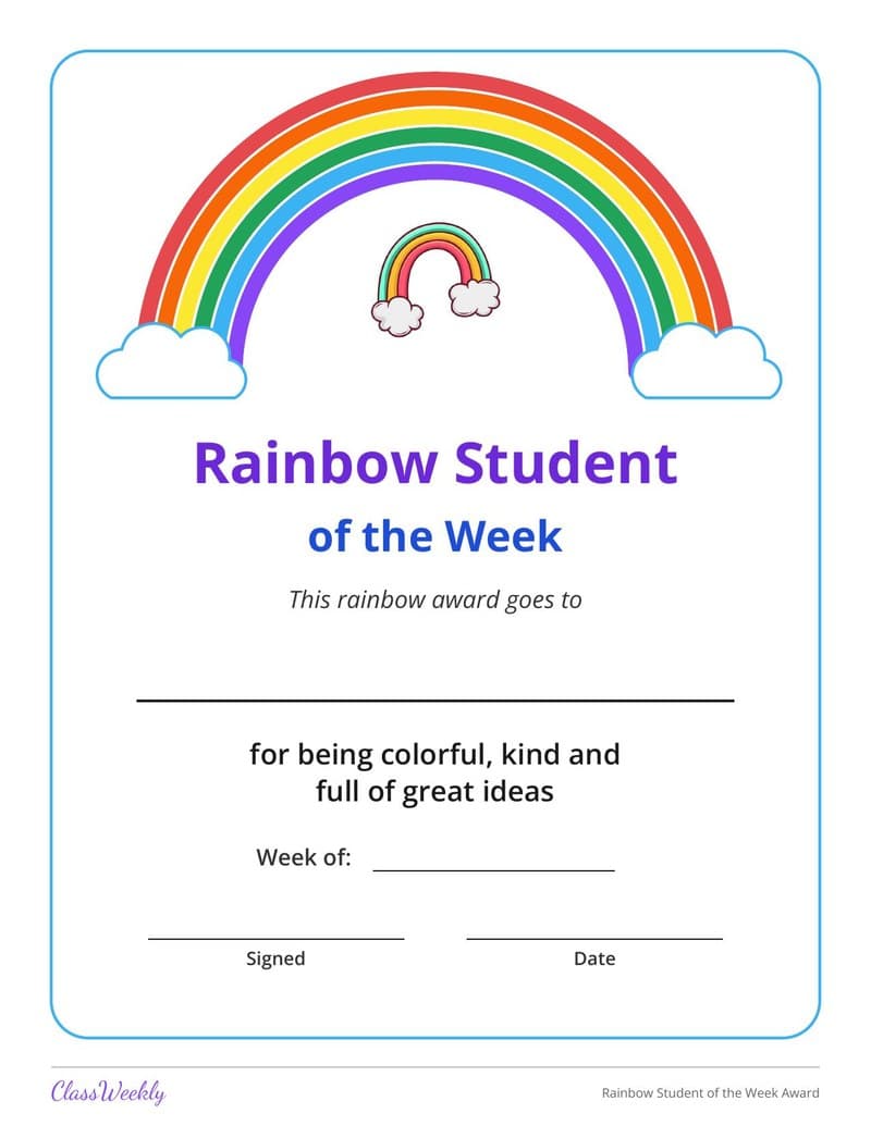 Rainbow Student of the Week Award - 1st Grade Certificates and Awards worksheet preview