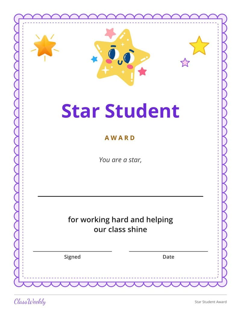 Star Student Award - Kindergarten Certificates and Awards worksheet preview