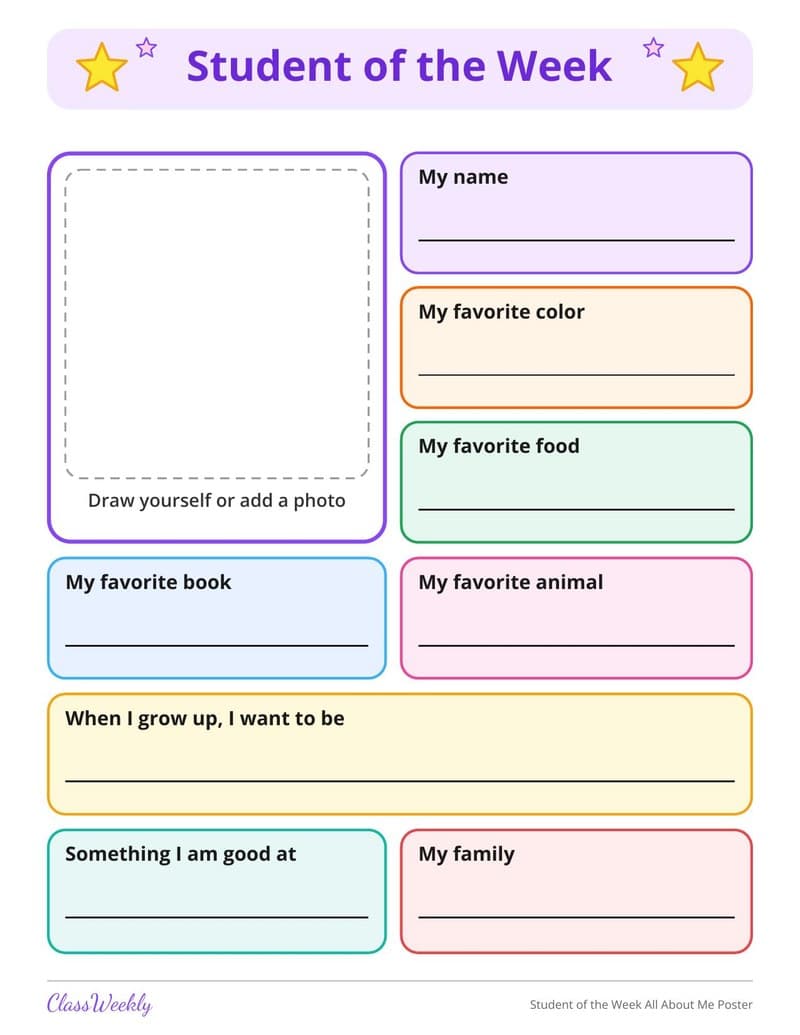 Student of the Week All About Me Poster - 4th Grade Certificates and Awards printable preview