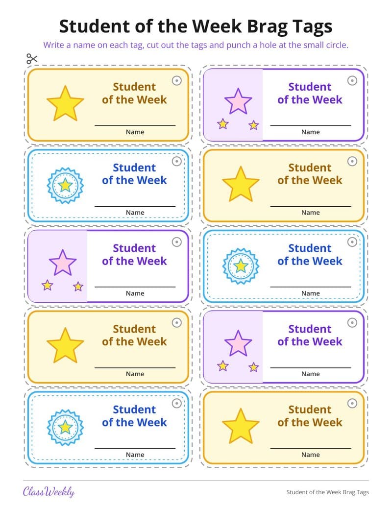Student of the Week Brag Tags - Kindergarten Certificates and Awards worksheet preview
