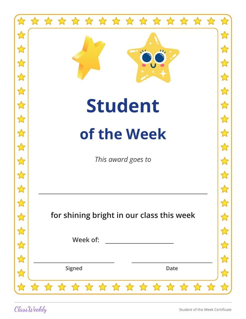 Student of the Week Certificate - Kindergarten Certificates and Awards worksheet preview