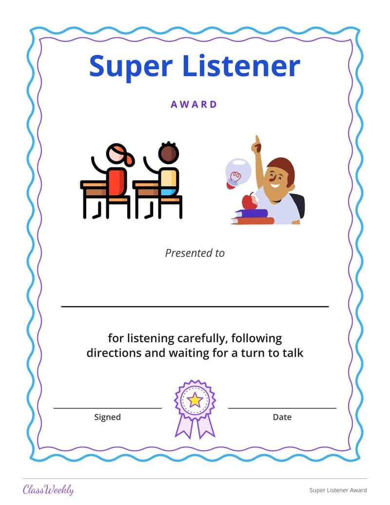 Super Listener Award - Kindergarten Certificates and Awards worksheet preview