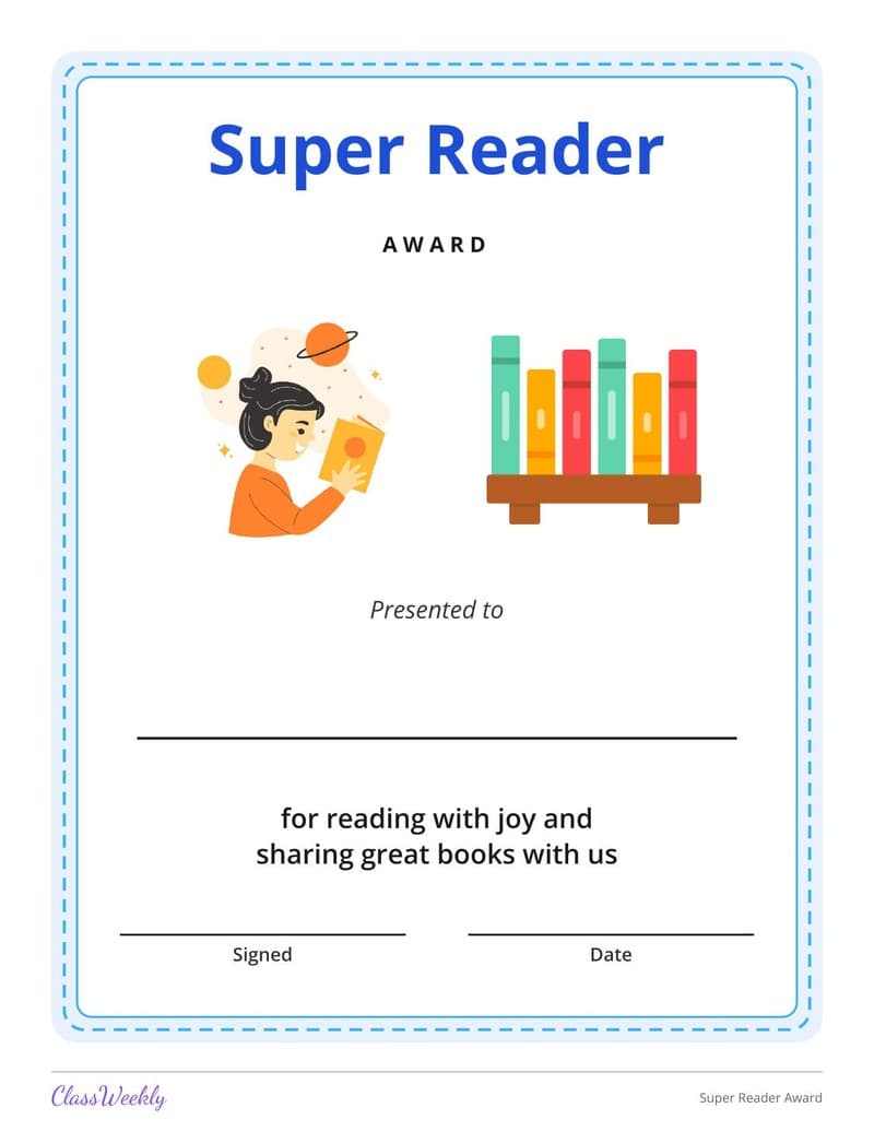 Super Reader Award - Kindergarten Certificates and Awards worksheet preview