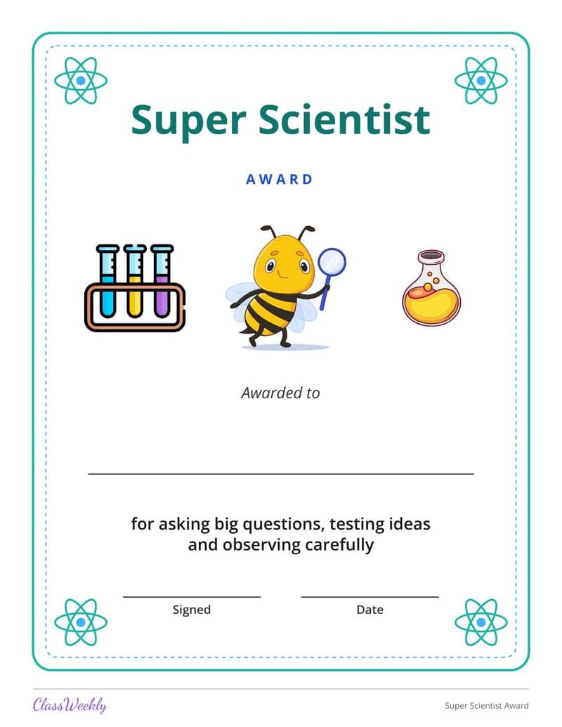 Super Scientist Award - 1st Grade Certificates and Awards worksheet preview