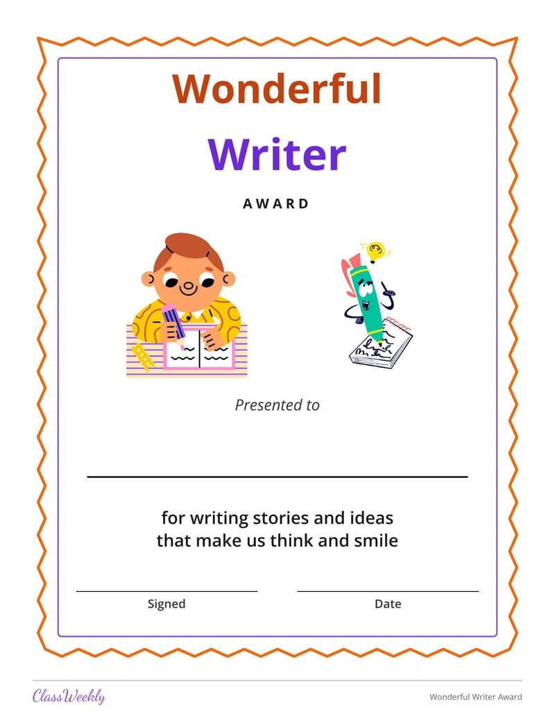 Wonderful Writer Award - Kindergarten Certificates and Awards worksheet preview