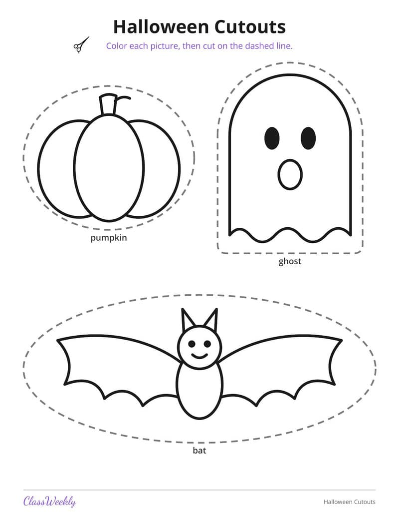Halloween Cutouts to Color - Kindergarten Classroom Setup printable preview