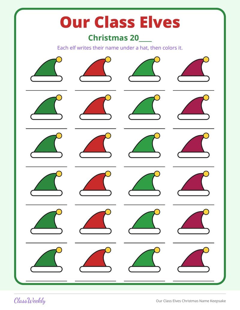 Our Class Elves Christmas Name Keepsake - Kindergarten Classroom Setup printable preview