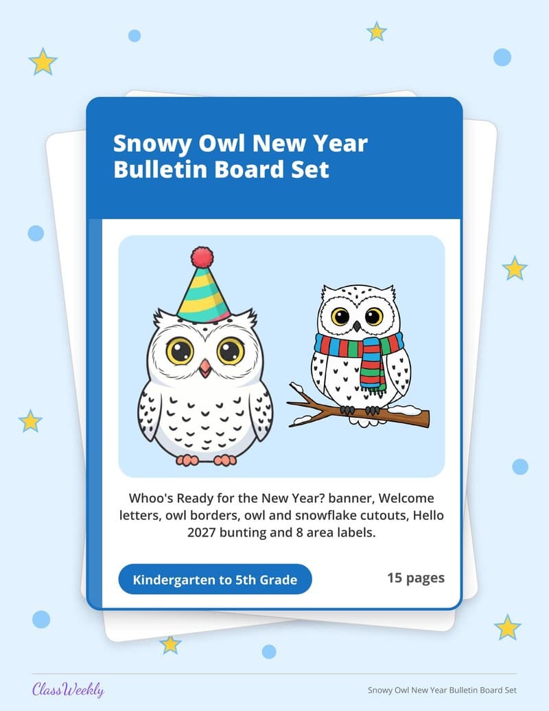 Snowy Owl New Year Bulletin Board Set - Kindergarten Classroom Setup printable preview
