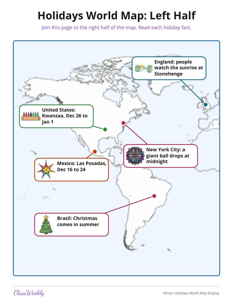 Winter Holidays World Map Display - Kindergarten Classroom Setup printable preview