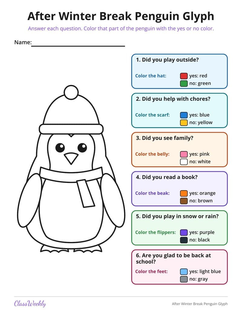 After Winter Break Penguin Glyph - Kindergarten Coloring Pages printable preview