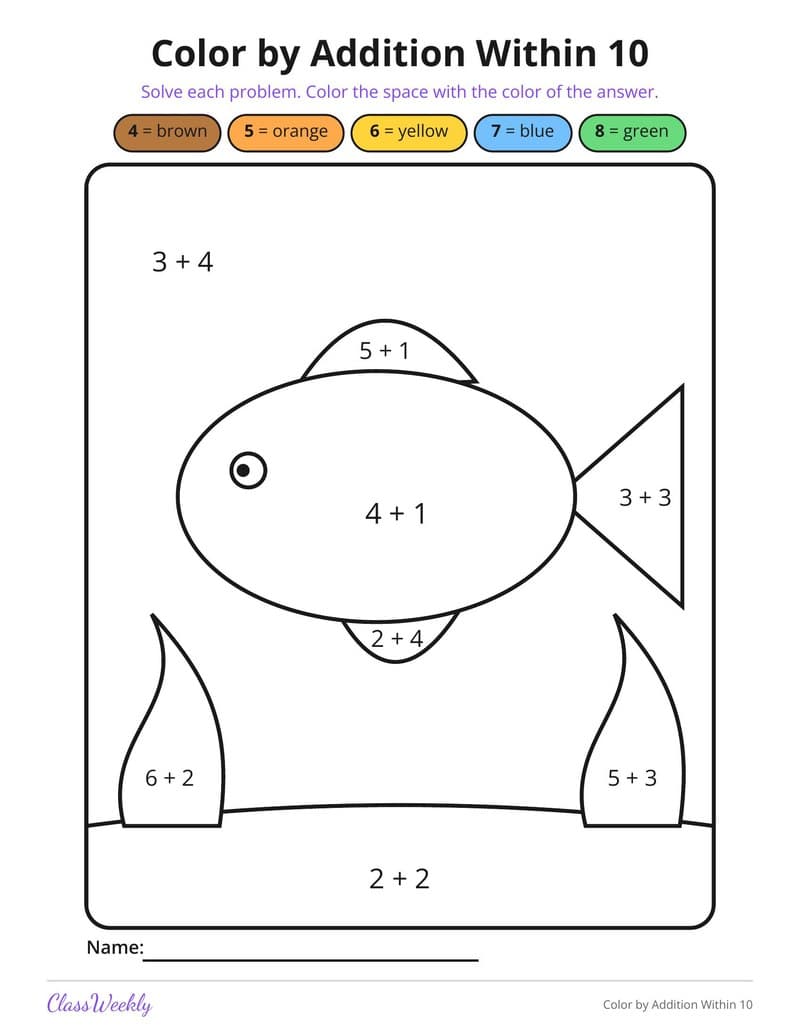 Color by Addition Within 10 - Kindergarten Coloring Pages printable preview