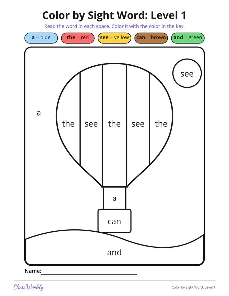 Color by Sight Word: Level 1 - Kindergarten Coloring Pages printable preview
