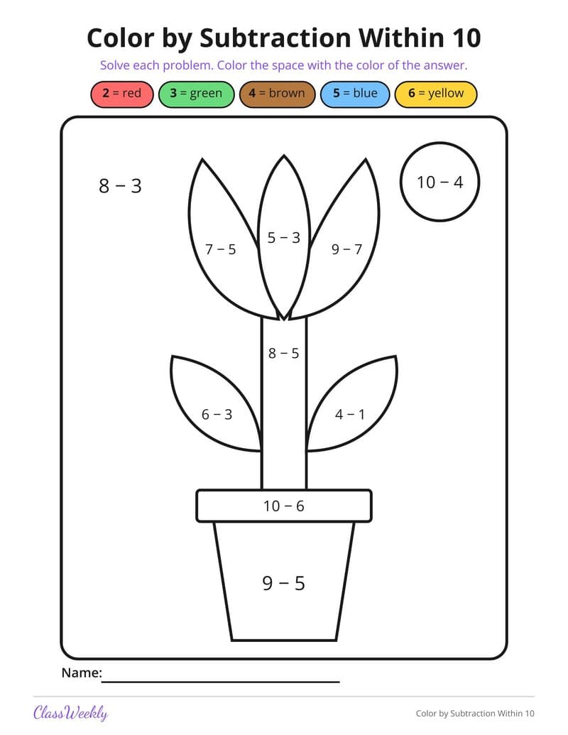 Color by Subtraction Within 10 - Kindergarten Coloring Pages printable preview