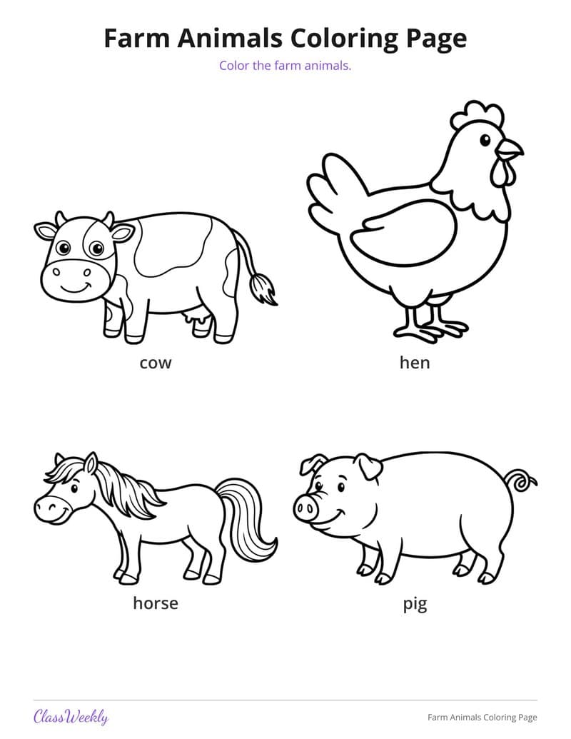 Farm Animals Coloring Page - Kindergarten Coloring Pages printable preview