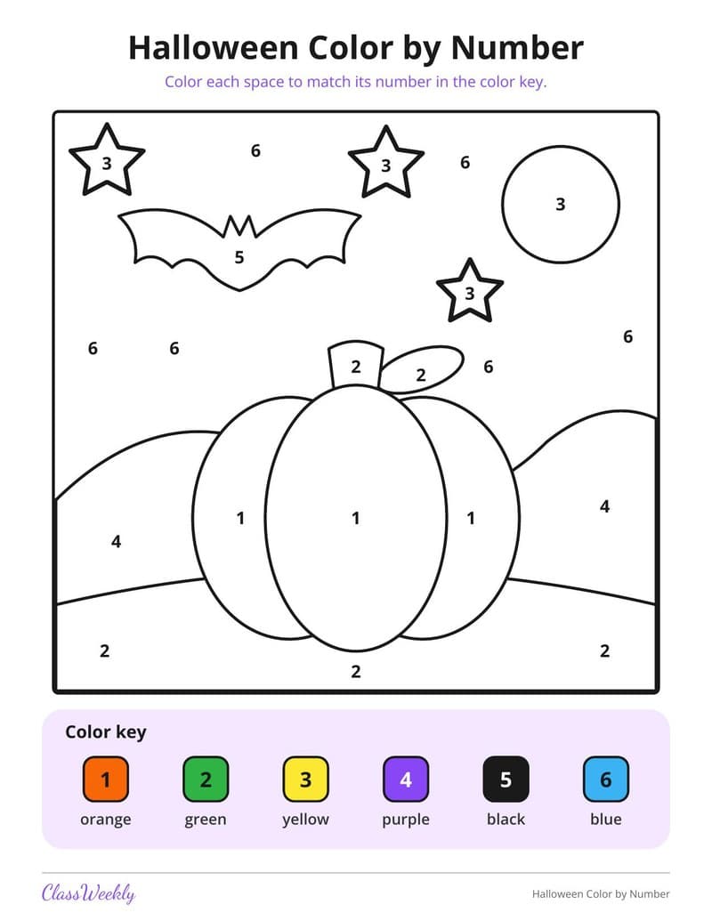 Halloween Color by Number - Kindergarten Coloring Pages worksheet preview